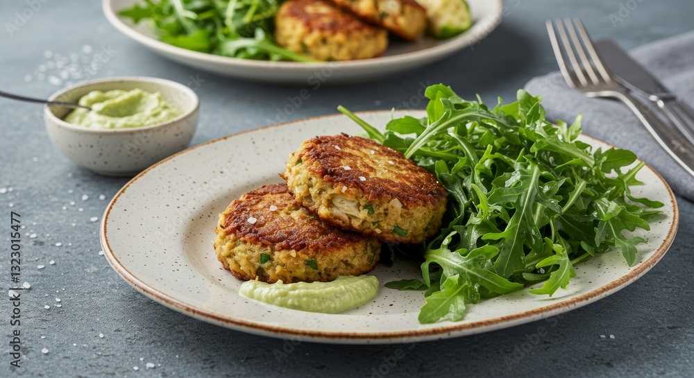 Delicious Crab Cakes: A close-up shot of two golden-brown crab cakes served on a plate, garnished with fresh arugula and a creamy green sauce, showcasing culinary artistry. Delicious Crab Cakes: A close-up shot of two golden-brown crab cakes served on a plate, garnished with fresh arugula and a creamy green sauce, showcasing culinary artistry.