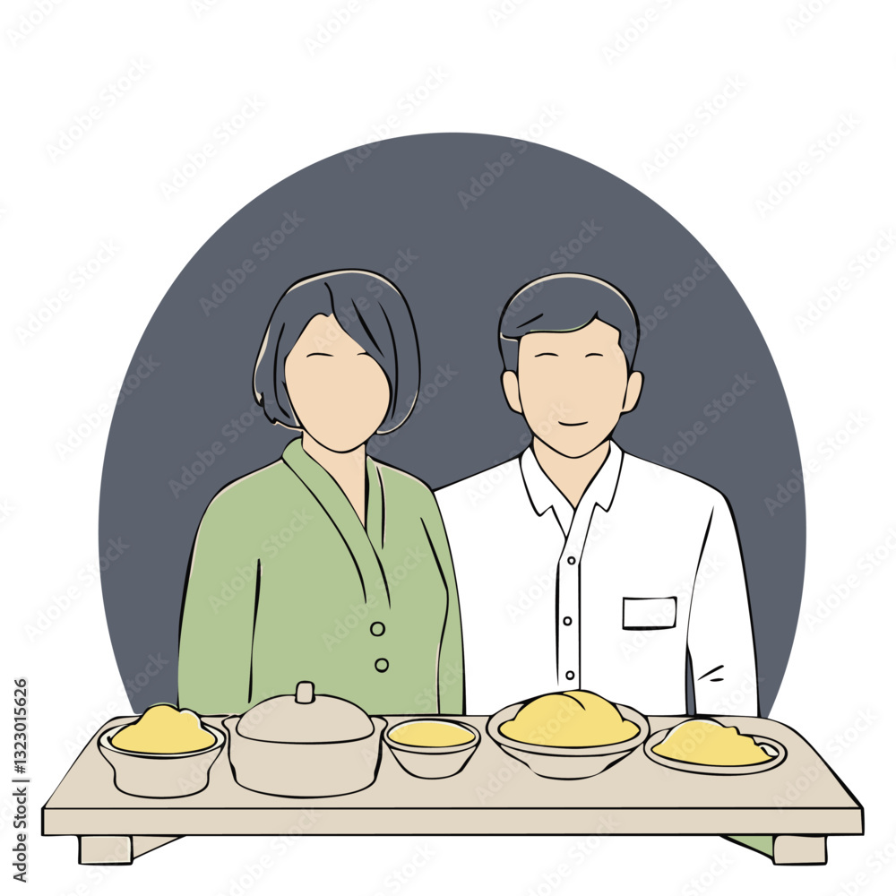 Minimalist Illustration of a Couple Standing Behind a Table with Traditional Dishes
Minimalist Illustration of a Couple Standing Behind a Table with Traditional Dishes
