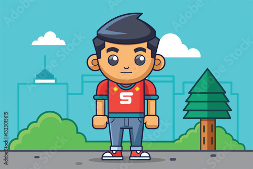 A cheerful boy stands in an urban park, surrounded by trees and buildings on a clear, sunny day, Stumble Customizable Cartoon Illustration