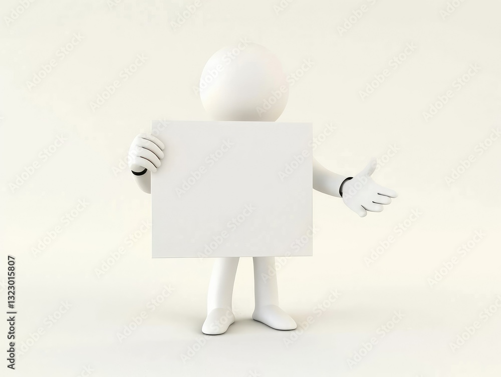 Minimalist 3D White Figure Holding a Large Blank Sign, Isolated on a White Background. Minimalist 3D White Figure Holding a Large Blank Sign, Isolated on a White Background.