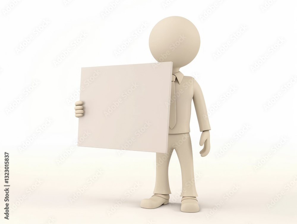 Simple Cartoon Character Man in Tie Presenting Blank White Board, Minimalist Style with Neutral Colors on Isolated Background Simple Cartoon Character Man in Tie Presenting Blank White Board, Minimalist Style with Neutral Colors on Isolated Background