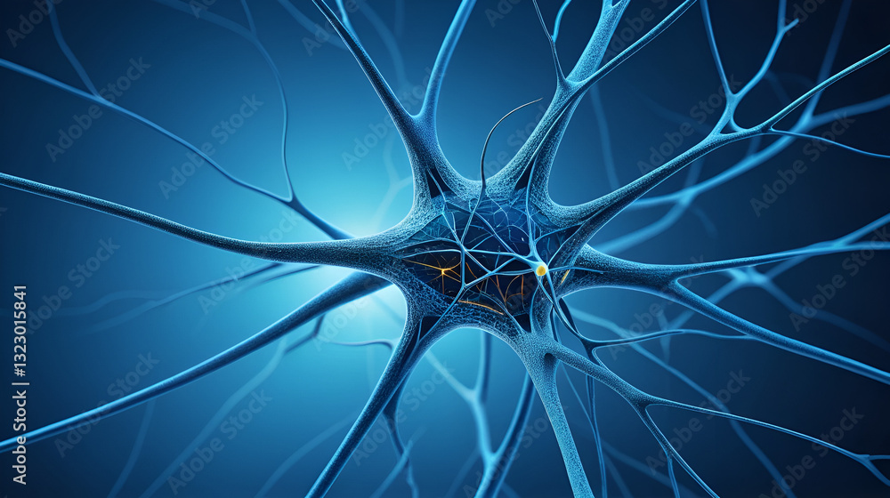 Detailed illustration of a neuron, showcasing its intricate structure and vibrant blue hues, symbolizing communication and connectivity. Detailed illustration of a neuron, showcasing its intricate structure and vibrant blue hues, symbolizing communication and connectivity.