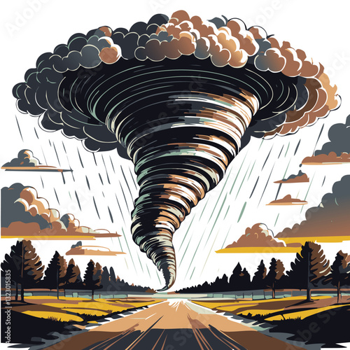 Dramatic Tornado Illustration with Swirling Winds and Uprooted Trees in a Stylized Artistic Design

