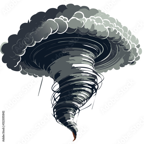 Dramatic Tornado Illustration with Swirling Winds and Uprooted Trees in a Stylized Artistic Design


