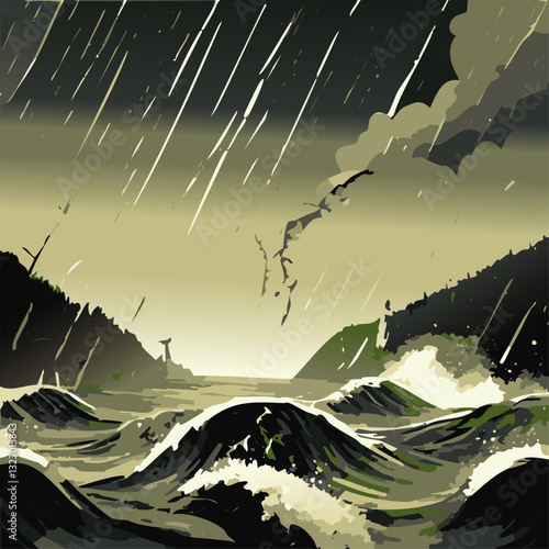 Dramatic Stormy Sea Illustration with Torrential Rain, Rough Waves, and Dark Clouds

