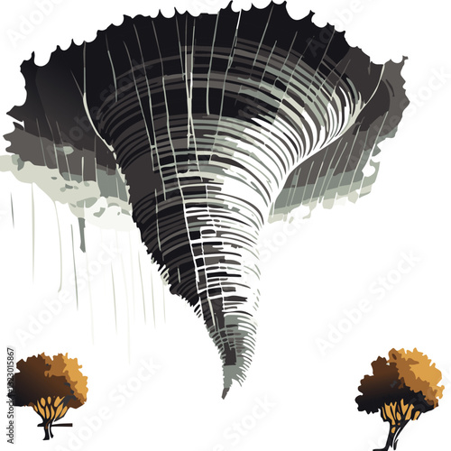 Dramatic Tornado Illustration with Swirling Winds and Uprooted Trees in a Stylized Artistic Design

