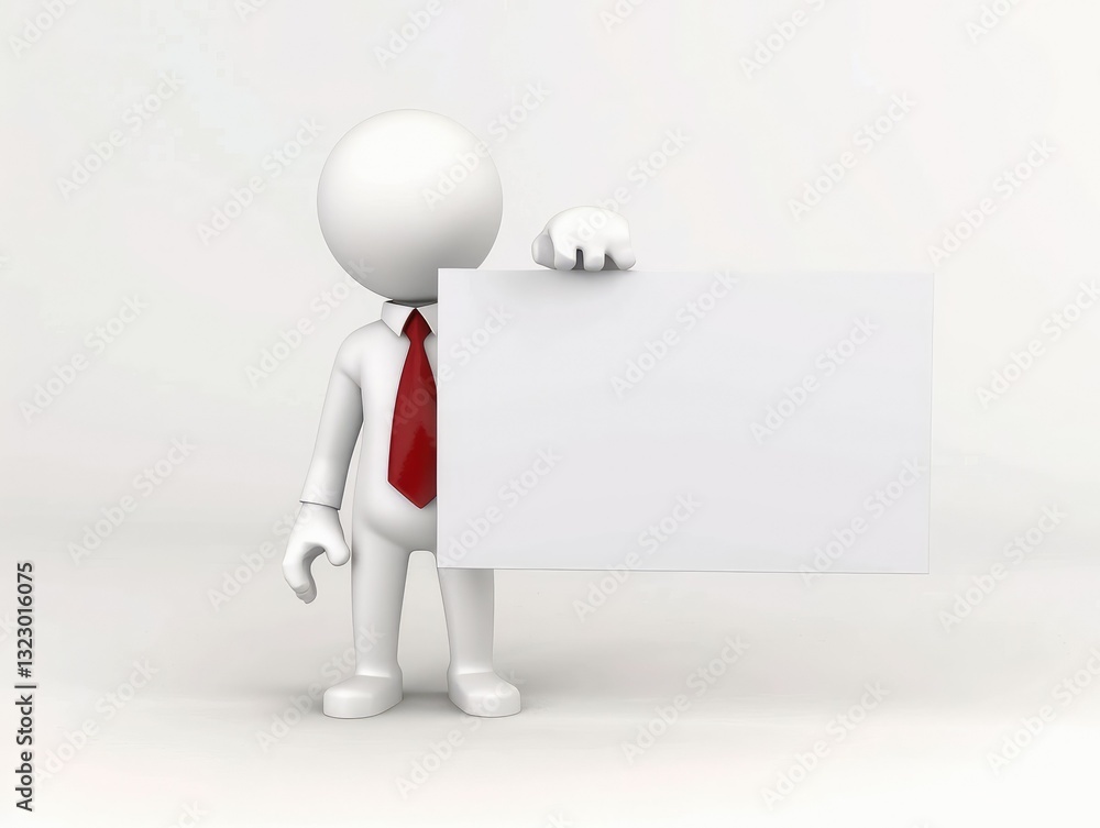 3D Business Character in a Tie Presenting a Blank Board with Copy Space, Isolated on a White Background. 3D Business Character in a Tie Presenting a Blank Board with Copy Space, Isolated on a White Background.