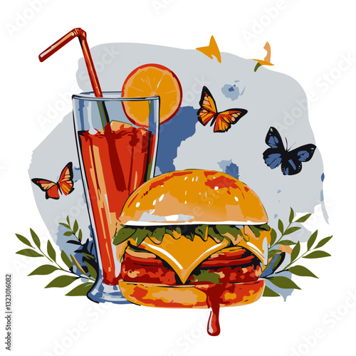 Artistic Illustration of a Juicy Cheeseburger with a Refreshing Drink, Butterflies, and a Summery Background

