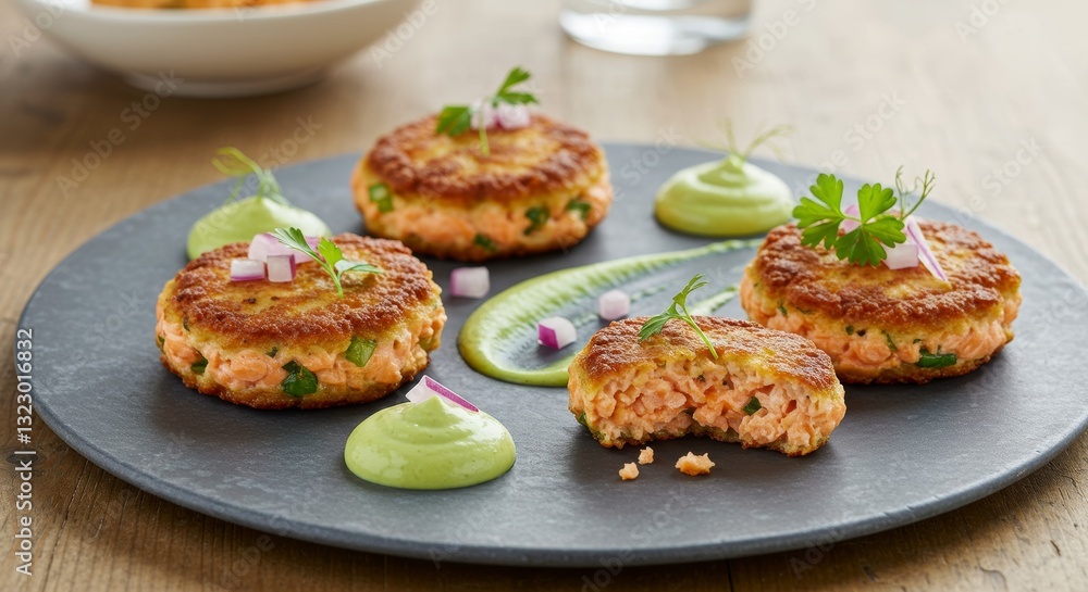 Exquisite Salmon Cakes: A culinary presentation of perfectly crafted salmon cakes, garnished with fresh herbs and vibrant sauces, showcasing the art of food photography. Exquisite Salmon Cakes: A culinary presentation of perfectly crafted salmon cakes, garnished with fresh herbs and vibrant sauces, showcasing the art of food photography.