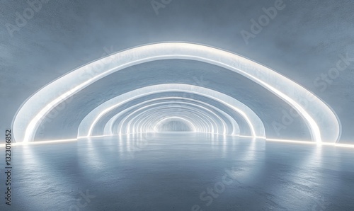 3d render of abstract futuristic arch architecture with neon light and empty concrete floor