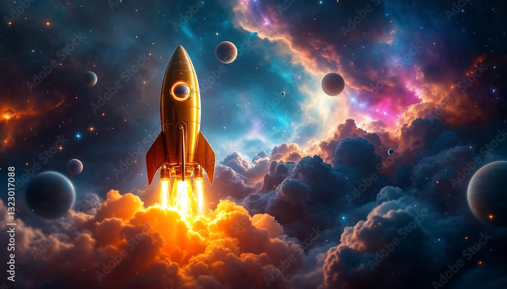 Fototapeta premium Rocket Launching Into Space with Planets and Colorful Nebula