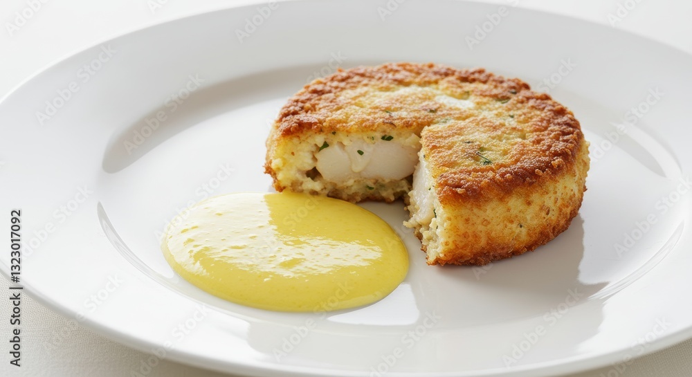 Culinary Delight: A delectable crab cake, boasting a golden, crispy exterior and a succulent, flavorful interior, is presented elegantly on a pristine white plate, accompanied by a rich, creamy sauce. Culinary Delight: A delectable crab cake, boasting a golden, crispy exterior and a succulent, flavorful interior, is presented elegantly on a pristine white plate, accompanied by a rich, creamy sauce.