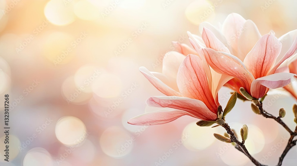 Floral illustration abstract background idea. Delicate pink magnolia blossoms illuminated by soft sunlight create a serene atmosphere. Floral illustration abstract background idea. Delicate pink magnolia blossoms illuminated by soft sunlight create a serene atmosphere.