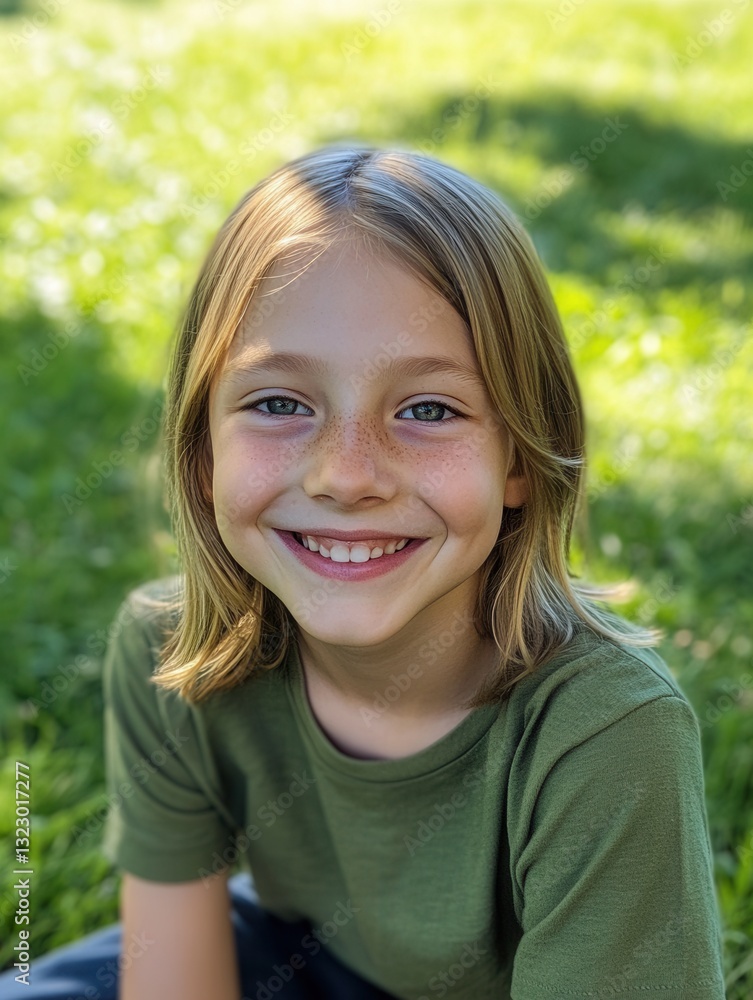 Smiling child enjoying a sunny day in the park surrounded by green grass and vibrant nature Smiling child enjoying a sunny day in the park surrounded by green grass and vibrant nature