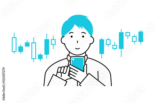 スマホで株取引を行う若い男性のイメージイラスト