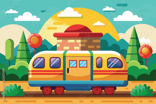 A vibrant cartoon representation of a subway train set against mountains and a bright sunlit background, Subway Customizable Cartoon Illustration