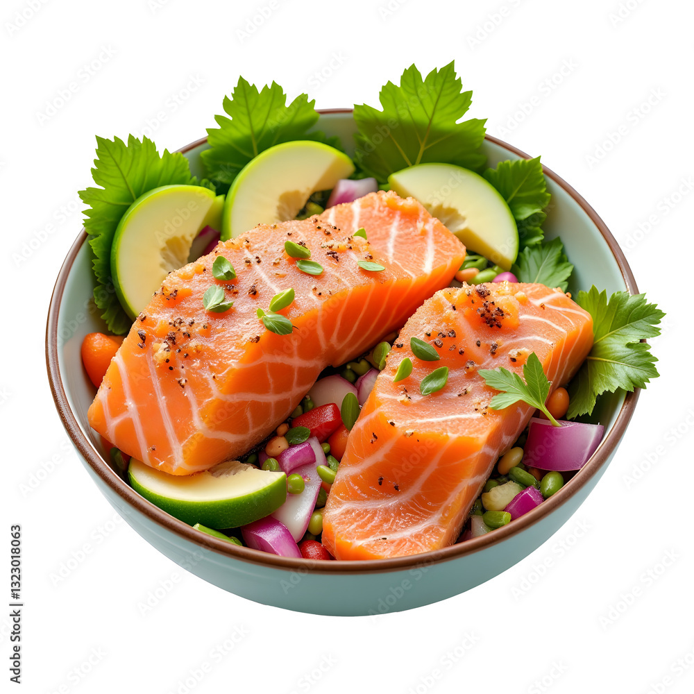 Healthy Salmon and Veggie Bowl with Fresh Herbs Isolated on White Background Healthy Salmon and Veggie Bowl with Fresh Herbs Isolated on White Background