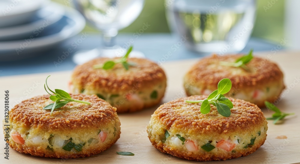 Savory Seafood Cakes: Close-up shot of four delicious seafood cakes, golden-brown and perfectly textured, garnished with fresh herbs, set on a wooden board. Savory Seafood Cakes: Close-up shot of four delicious seafood cakes, golden-brown and perfectly textured, garnished with fresh herbs, set on a wooden board.