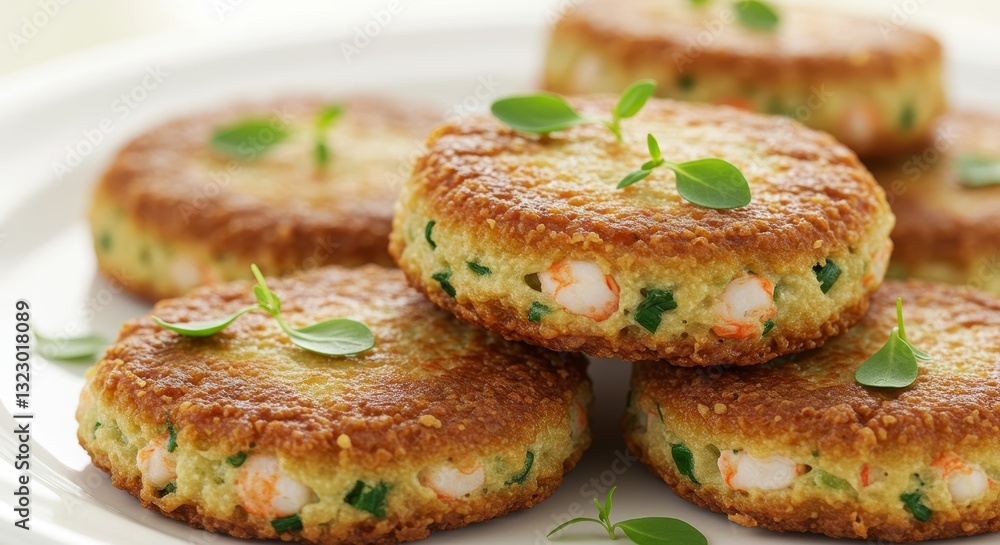 Culinary Delights: Close-up shot of delicious, golden-brown savory cakes with vibrant green herbs, ready to be savored. Culinary Delights: Close-up shot of delicious, golden-brown savory cakes with vibrant green herbs, ready to be savored.