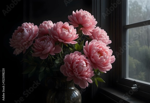 Lush pink peony bouquet in glass vase, window light against dark interior. moody still life. romantic botanical home decor