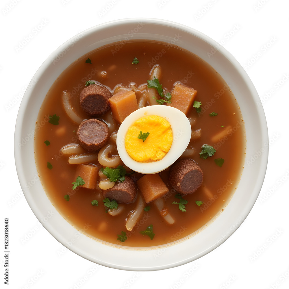 Hearty Soup Bowl Comforting Broth with Egg and Veggies Isolated on White Background Hearty Soup Bowl Comforting Broth with Egg and Veggies Isolated on White Background