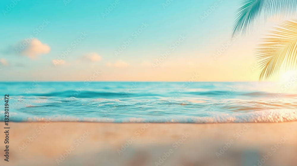 Waterscape abstract background concept. A serene beach view with gentle waves and palm trees under a bright blue sky. Waterscape abstract background concept. A serene beach view with gentle waves and palm trees under a bright blue sky.