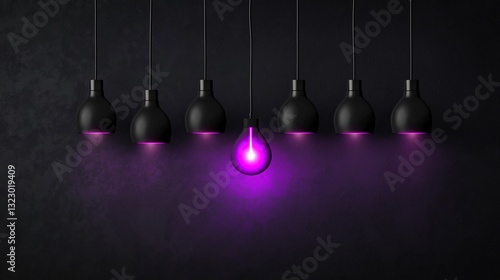 A sleek matte black background with seven hanging bulbs, six are dark matte black, blending subtly with the background, while the central bulb emits a soft neon purple glow.  photo