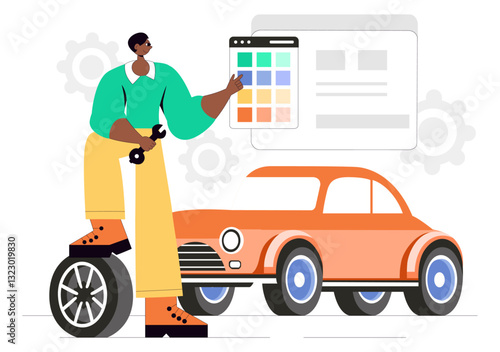 Car Customization and Modifications Vector Illustration featuring a Tuned Automobile with Upgraded Wheels, Nitrous Systems, and Body Kit Enhancements