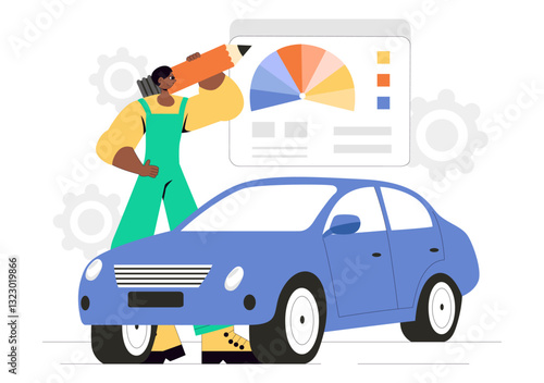 Car Customization and Modifications Vector Illustration featuring a Tuned Automobile with Upgraded Wheels, Nitrous Systems, and Body Kit Enhancements