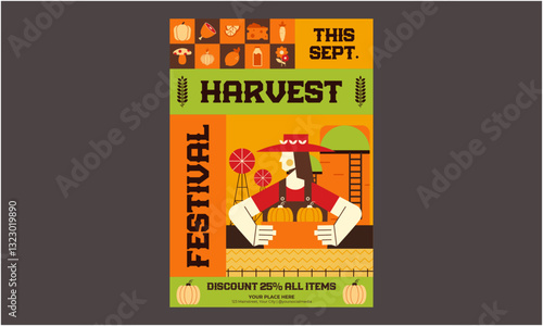 Harvest Festival Flyer. Autumn harvest festival postes with autumn leaves and floral elements in fall colors.Harvest fest design perfect for prints,flyers,banners,invitations,promotions and more.