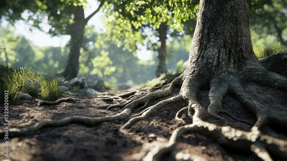 Fototapeta premium Forest tree roots, sunlight, path