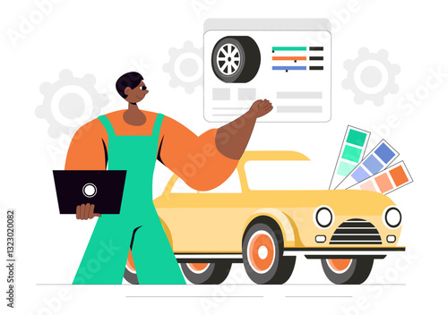 Car Customization and Modifications Vector Illustration featuring a Tuned Automobile with Upgraded Wheels, Nitrous Systems, and Body Kit Enhancements