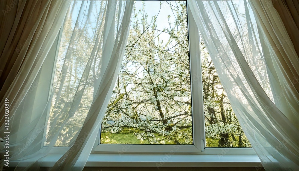 窓からの眺め、美しい桜が満開の春の諷詠 窓からの眺め、美しい桜が満開の春の諷詠