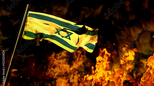 flag of Israel on burning fire background - hard times concept - abstract 3D rendering