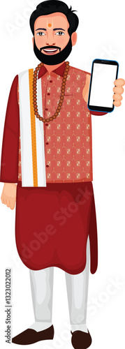 Indian Astrologer Holding Mobile Phone Cartoon Character Vector Illustration.