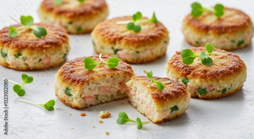 Wallpaper Mural Gourmet Salmon Patties: A mouthwatering display of freshly cooked salmon patties, garnished with vibrant microgreens, presented on a clean and inviting surface, showcasing their texture and appeal. Torontodigital.ca