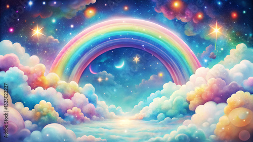 Holographic fantasy rainbow background with clouds and stars. Pastel color sky. Magical landscape, abstract fabulous pattern. Cute candy wallpaper