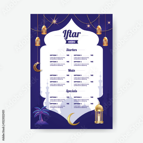 editable Ramadan Iftar menu card template, a4 size vertical Ramadan iftar menu print template for restaurant, Islamic card design
