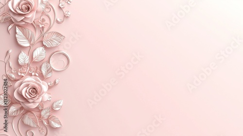 A soft pastel pink background with a delicate rose-gold embossed floral design intricately placed along the left vertical edge.