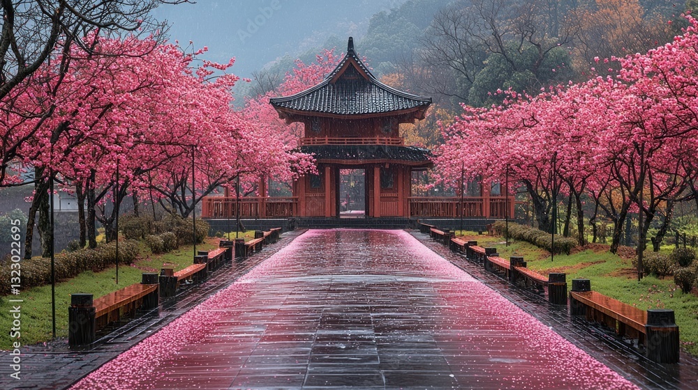 Rainy day at a traditional Asian temple with cherry blossoms. Rainy day at a traditional Asian temple with cherry blossoms.