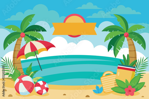 A vibrant beach setting featuring palm trees, an umbrella, and summer accessories against a clear blue sky, Summer beach theme with blank banner