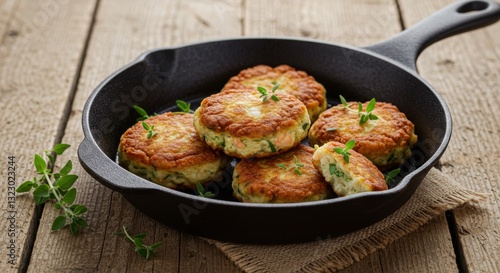 Golden Culinary Delights: Freshly cooked patties nestled in a rustic cast-iron pan on a textured wooden surface, showcasing a culinary masterpiece, ready to be savored