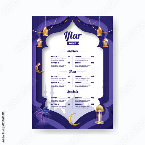 editable Ramadan Iftar menu card template, a4 size vertical Ramadan iftar menu print template for restaurant, Islamic card design