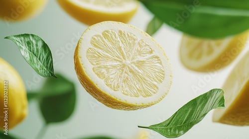 Fresh Lemon Slices with Green Leaves on a Soft Background