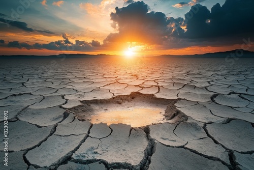 Dried cracked earth pool sunset landscape photo