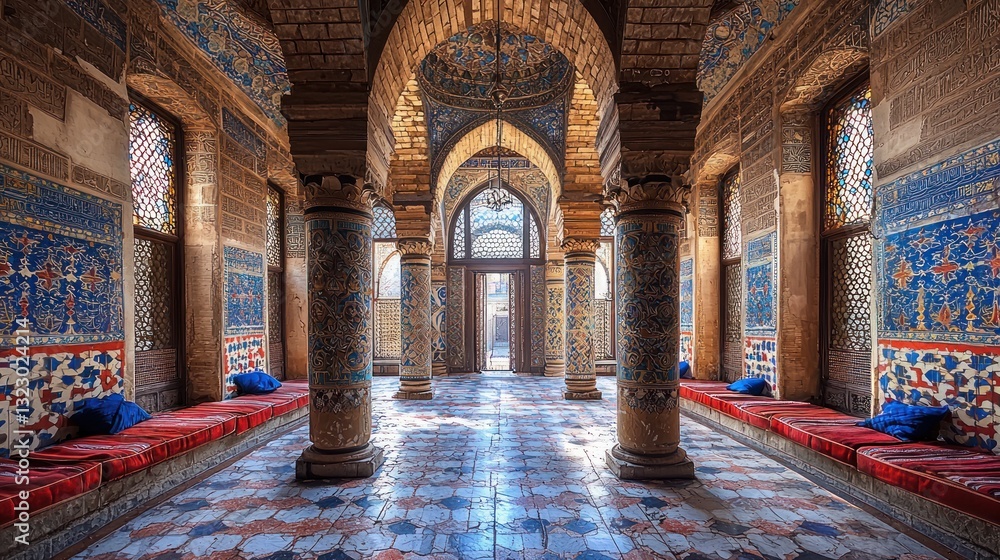 Obraz premium Ornate interior hall with tiled walls, columns, and cushioned seating.