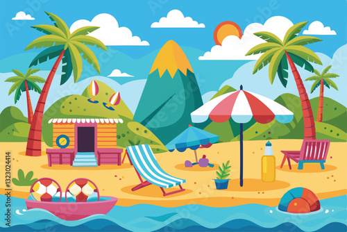 Relaxing beach setting featuring lounge chairs, palm trees, a hut, and playful water activities on a sunny day, Summer holiday or vacation,