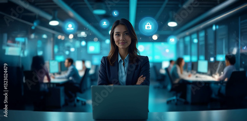 A confident woman in a high-tech office represents internet security, cyber protection, and social media connectivity with floating digital icons.