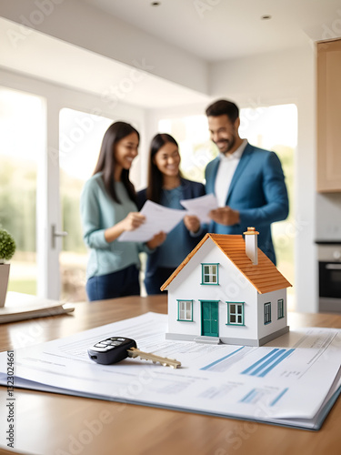 A table displays investment objects such as a house model, keys, and financial documents. In the blurred background, a joyful family is seen admiring their dream home under constru photo