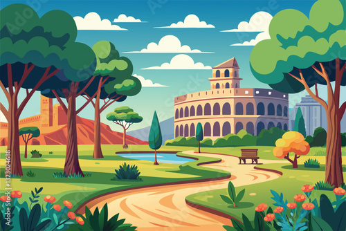 Visitors stroll through a sunlit Italian park featuring vibrant trees and the majestic Colosseum, Summer Italian park with colosseum and trees,
